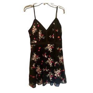 Lulus Black Embroidered Lace Floral Mini Dress Spaghetti Strap Large